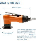 Side view of orange 2-in-1 mini air chamfer tool for metal; pneumatic deburring tool with 45° bevel head.