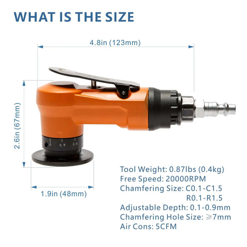 Side view of orange 2-in-1 mini air chamfer tool for metal; pneumatic deburring tool with 45° bevel head.
