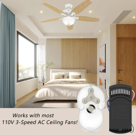 Universal Ceiling Fan Remote Control Kit with 3 Speed Light Dimmer Easy Install Plug And Play Design in bedroom setting
