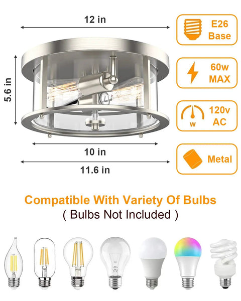2 Light Farmhouse Rustic Flush Mount Ceiling Light Fixture With Clear Glass Shade And Brushed Nickel Finish dimensions and bulb types