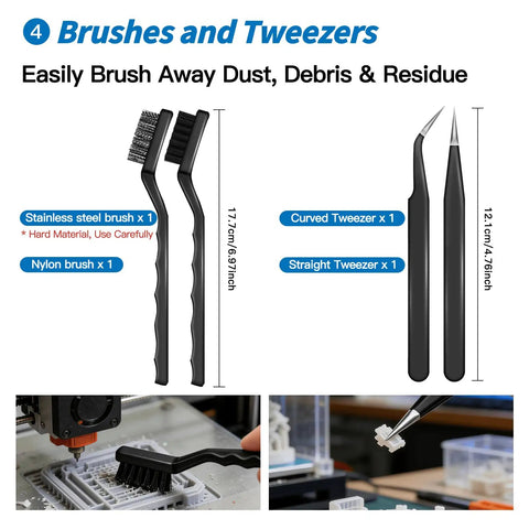 Close-up of brushes and tweezers from Beast 23 In 1 Deburring Kit, showing stainless steel and nylon brush, curved and straight tweezers.