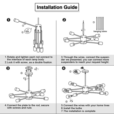 Installation guide for 8 Light Dope Modern Industrial Ceiling Chandelier with Adjustable Height Black Finish.