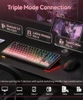 Q87 Tri Mode Wireless Gaming Mechanical Keyboard Serving Bluetooth And Two Point Four Gigahertz Links Fast Hot Swap Switches With Fiery Rgb Backlighting And Slick Dark Sweetie Drip with triple mode connection features on a desk.