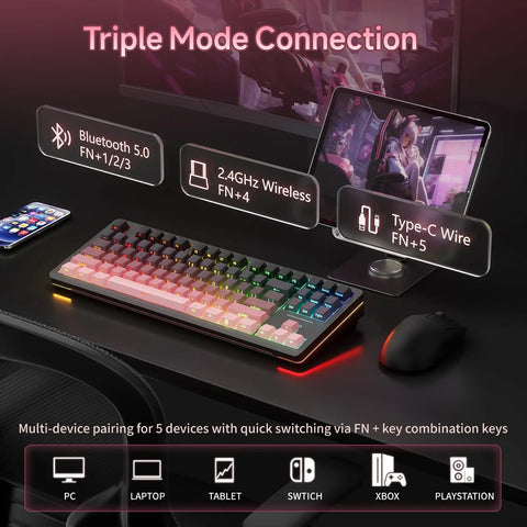 Q87 Tri Mode Wireless Gaming Mechanical Keyboard Serving Bluetooth And Two Point Four Gigahertz Links Fast Hot Swap Switches With Fiery Rgb Backlighting And Slick Dark Sweetie Drip with triple mode connection features on a desk.