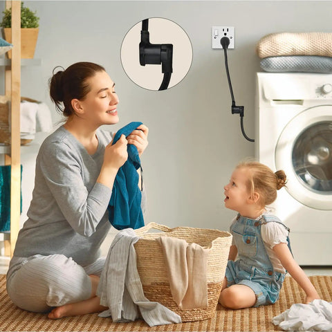 Mother and child in laundry room with One And A Half Foot 3 Prong To 4 Prong Dryer Plug Adapter for old clothes dryer