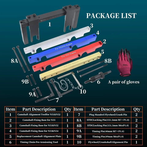 Package list of Pro Grade Timing Vanos Camshaft Alignment Locking Tool Kit For BMW 2.5 3.0 N51 N52 N53 N54 N55 S55 Engines