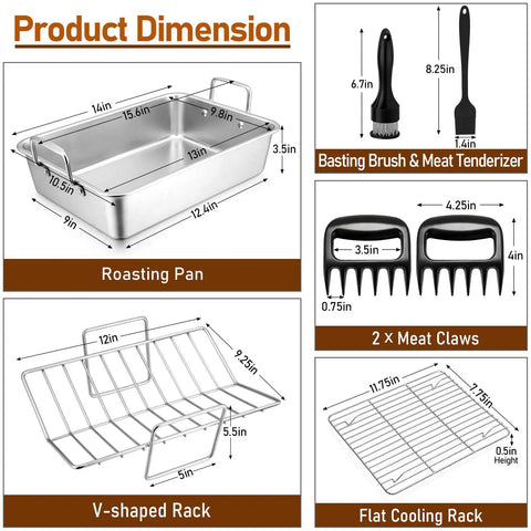 Heavy Duty Stainless Steel Roasting Pan Set With Rack For Turkey And Chicken, 7-Piece Deep Rectangular Bakeware With V Rack And Flat Cooling Racks, Dishwasher Safe, Rust Resistant, Durable And Easy To Clean, product dimensions illustration