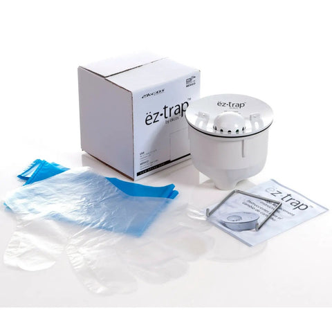 Waterless Urinal Cartridge Replacement For Bobrick Falcon Sloan shown with kit components, gloves, and instruction manual.