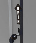 Close-up of the lock and 'OPEN' sign on the Hardcore Heavy Duty All Welded Steel Job Site Storage Cabinet.