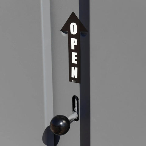 Close-up of the lock and 'OPEN' sign on the Hardcore Heavy Duty All Welded Steel Job Site Storage Cabinet.