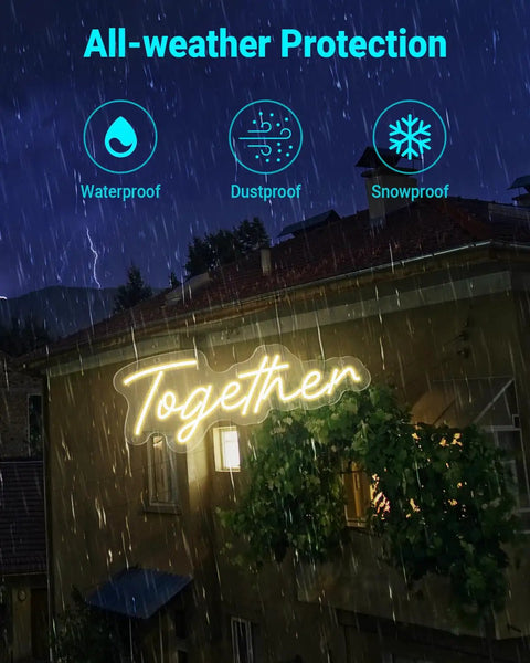Custom Outdoor Neon Sign Waterproof LED Light Up Sign For Backyard Patio Pool Garden Wedding And Party Use Personalize Your Text With IP67 Power Supply For Rain Or Shine on building in rain.