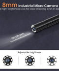 Dope Borescope Camera With Light 16.4 Ft Semi Rigid Probe IP67 Waterproof HD Endoscope showing 8 LED lights and measurement scale.