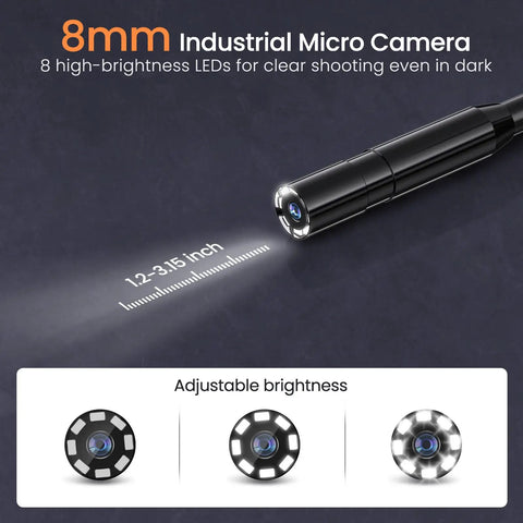 Dope Borescope Camera With Light 16.4 Ft Semi Rigid Probe IP67 Waterproof HD Endoscope showing 8 LED lights and measurement scale.
