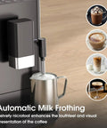 Hassle Free One Touch Automatic Espresso Machine With Built In Grinder And Manual Milk Frother, automatic milk frothing feature with stainless steel pitcher.