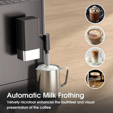 Hassle Free One Touch Automatic Espresso Machine With Built In Grinder And Manual Milk Frother, automatic milk frothing feature with stainless steel pitcher.