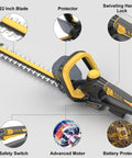22 Inch Cordless Hedge Trimmer No Battery Included Plays Nice With 20V Max Batteries 180 Degree Rotating Handle 0.63 Inch Cutting Capacity Lightweight 4.4 Lb Bush Clipper With Battery Protector, showing features like safety switch and advanced motor
