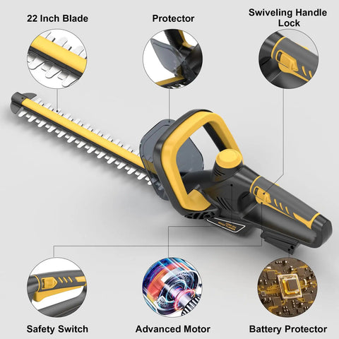 22 Inch Cordless Hedge Trimmer No Battery Included Plays Nice With 20V Max Batteries 180 Degree Rotating Handle 0.63 Inch Cutting Capacity Lightweight 4.4 Lb Bush Clipper With Battery Protector, showing features like safety switch and advanced motor
