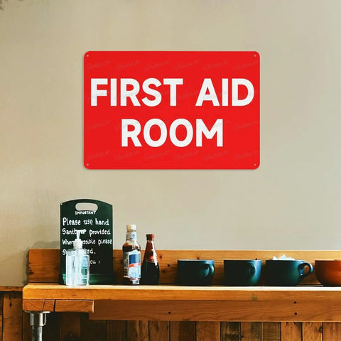 First Aid Room 8x12 Aluminum Safety Sign For Indoor Outdoor Use, Medical Emergency Facility Plaque on wall above shelf