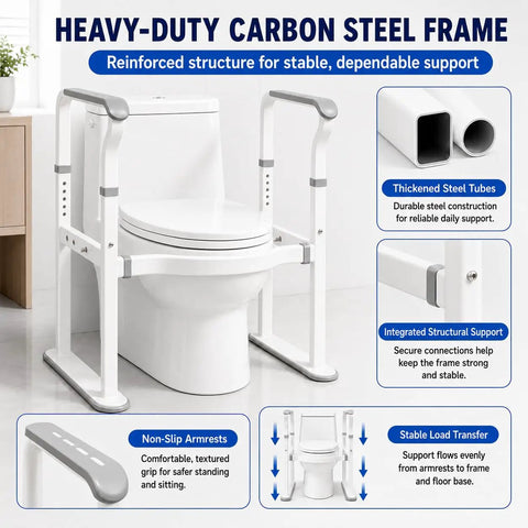 Rock Solid Toilet Safety Rails For Seniors With Adjustable Height And Width No Drill Install Heavy Duty Metal Frame Large Oval Base And Built In Night Light Grips For Handicapped with a heavy-duty carbon steel frame and non-slip armrests.