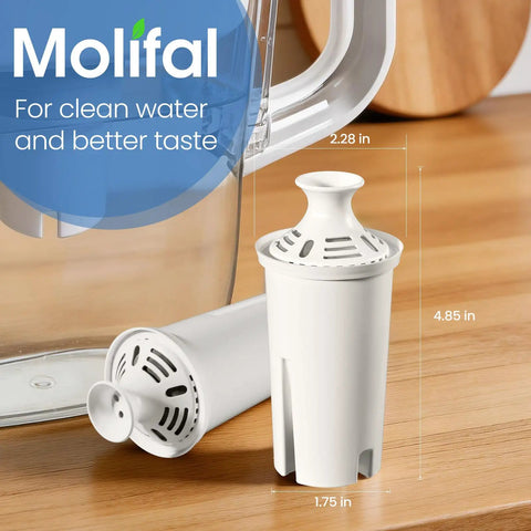 Image of Molifal brand filter replacement with dimensions, part of 6 Pack Pitcher Filter Replacement Compatible With Brita Classic Elite OB03 Standard Ultramax And Mavea 107007 For Cleaner Fresher Water And No Fuss Easy Swaps.
