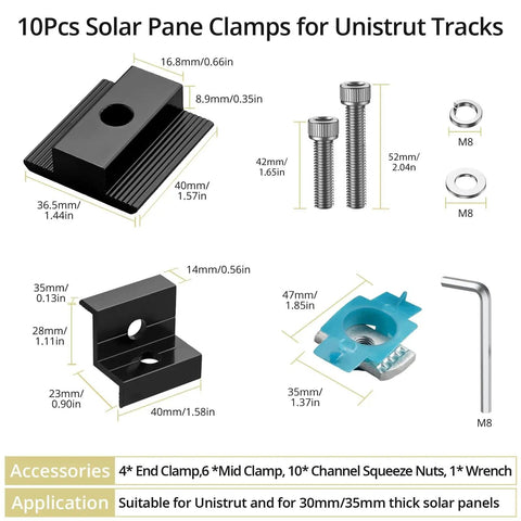 Diagram of 10 Piece Solar Panel Mounting Bracket Kit for Unistrut Rails with dimensions and components overview
