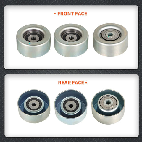 Front and rear faces of Idler Pulley Kit Replacement For Toyota 4Runner Tacoma Tundra 4L V6 1GRFE 2003 To 2015 Includes Three Pulleys