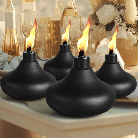 Two Pack Metal Table Top Torches With 24.5 Ounce Citronella Fuel Capacity Refillable Outdoor Flame Light Lanterns on table