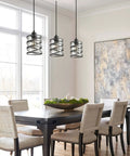 Killer Three Pack Pendant Lights For Kitchen Island And Dining Table Matte Black Spiral Cage With Clear Glass Shades above modern dining table.