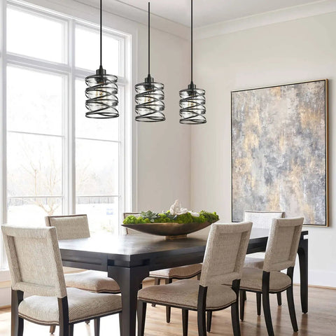 Killer Three Pack Pendant Lights For Kitchen Island And Dining Table Matte Black Spiral Cage With Clear Glass Shades above modern dining table.