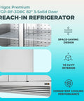 Pro Level Three Door Reach In Refrigerator 72 Cubic Feet Stainless Steel with open shelves showing space-saving design.