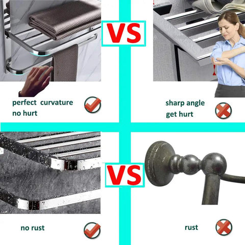 Comparison of Three Tier Bathroom Shelf With Towel Bars Wall Mount Rack Stainless Steel SUS304 Rust Proof Polished Chrome Finish 20 Inch with competitors. Shows curvature, rust-free features versus sharp angle and rust.
