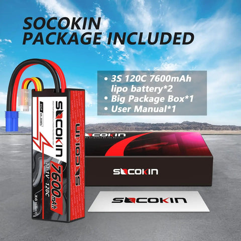 Beefy High Capacity 3S 7600mAh LiPo Battery 11.1V With EC5 Connector packaging and components displayed.