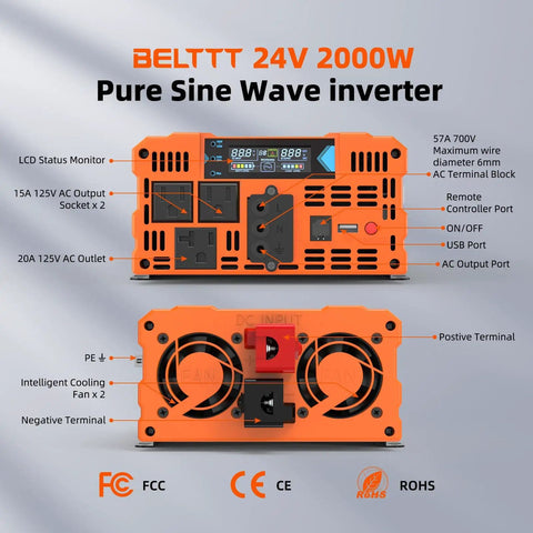 Front and back view of 2000W Pure Sine Wave Inverter 24V DC to 120V AC, showing ports and cooling fans