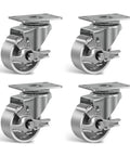 Industrial Casters Set Of 4 With 3 Inch By 1.25 Inch Cast Iron Wheel And Steel Frame, Heavy Duty Brakes, Up To 1400 Lb Capacity