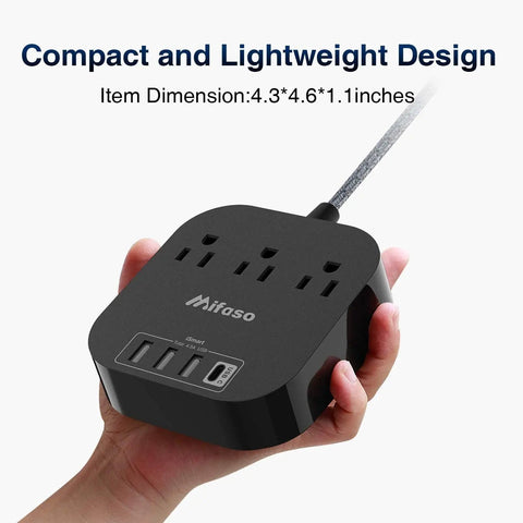 Hand holding Power Strip With USB C And 3 Outlets, 4 USB Ports, 4.5A Flat Plug Desktop Charging Hub For Cruise Ship Travel Office And Home