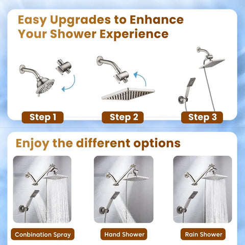 Dual Shower Head System With 8 Inch Square Rainfall Head And Handheld Spray 60 Inch Hose 3 Way Diverter Wall Mount Bracket Brushed Nickel Finish For A Dope Spa Like Bath Upgrade installation steps and shower options