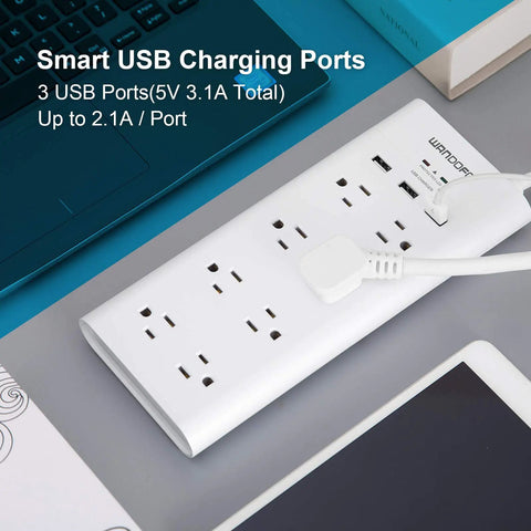 8 Outlet Power Strip With 6 Ft Extension Cord, 3 USB Ports, 1625W Surge Protector, on desk with connected cable