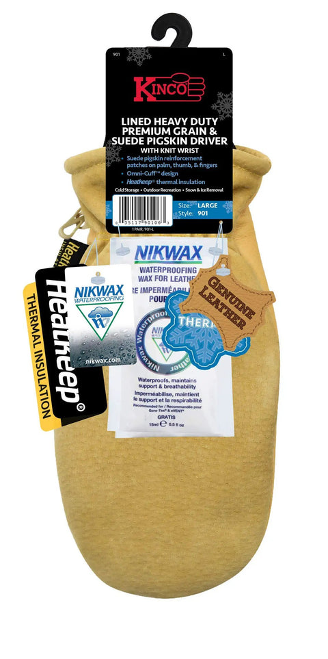 Heat Keep Thermal Lining Premium Pigskin Leather Mitts For Cold Weather Work with tags and packaging, medium size