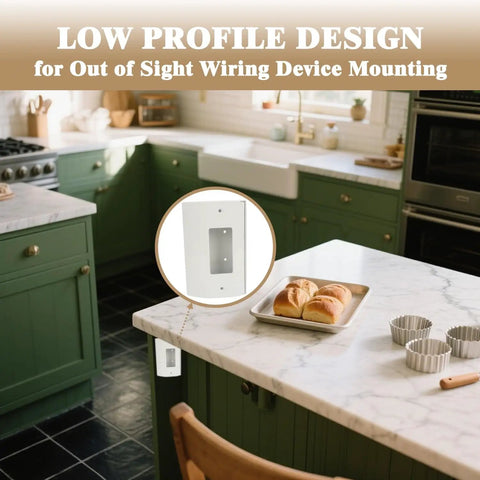 Corner Mount Power Distribution Box In White Nylon Slim Fit With Heavy Duty Metal Housing Pre Drilled Holes And Compact Wall Mount For Under Cabinet And Counter Installations Ideal For Residential And Light Commercial Use shown installed in a kitchen setting