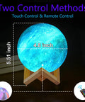 Lit Galaxy Moon Night Light With Stand And Remote, 3D Printed Moon Lamp In 16 Colors, 4.8 inch diameter on wooden stand