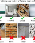Heavy Duty 1x4 Inch Hook And Loop Fastener Strips With Adhesive, 20 Sets chart showing suitable surfaces like glass, wood, aluminum.