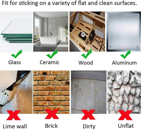 Heavy Duty 1x4 Inch Hook And Loop Fastener Strips With Adhesive, 20 Sets chart showing suitable surfaces like glass, wood, aluminum.