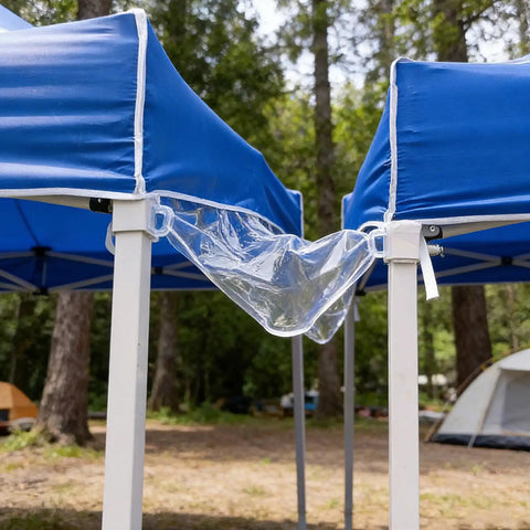 Leakproof Tent Rain Gutter System For Canopy, Heavy Duty Pop Up Gutter 14.44ft attached between two blue canopies