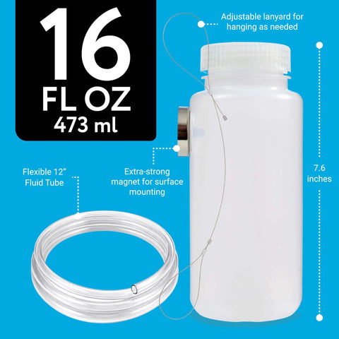 Front view: brake fluid bleed kit, 16 oz white bottle with magnetic mount, lanyard, and 12 in tubing