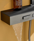Exposed Shower Faucet System Piano Key Diverter Control White showing waterfall spray from brass faucet with clear controls.