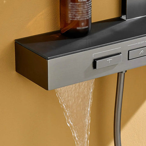 Exposed Shower Faucet System Piano Key Diverter Control White showing waterfall spray from brass faucet with clear controls.