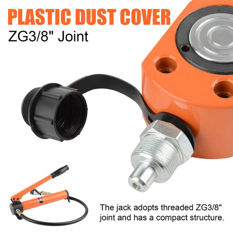 Front view of orange 20-ton hydraulic jack with threaded ZG3/8 joint, metal connector, and black cap.