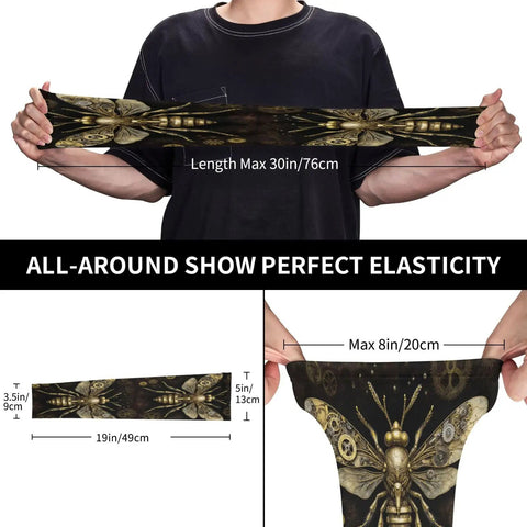 Beat The Blazing Heat With These Premium Cooling Arm Sleeves Featuring A Dope Steampunk Mechanical Bee Gears Print And Solid Thumbhole Grip For UV Blocking Outdoor Workouts, displaying elasticity and dimensions.