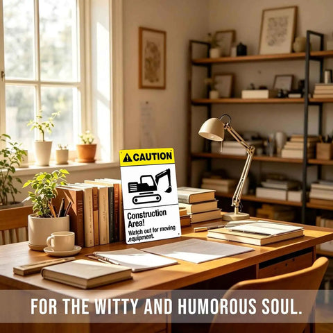 Rugged Aluminum Construction Area Warning Sign 8x12 Inch displayed on a desk in a sunlit study, showcasing boss level visibility.