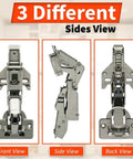 No Stress Setup Full Overlay Cabinet Hinges Bundle With Rock Solid Self Closing Mechanism Premium Nickel Finish visible from front, side, and back views.